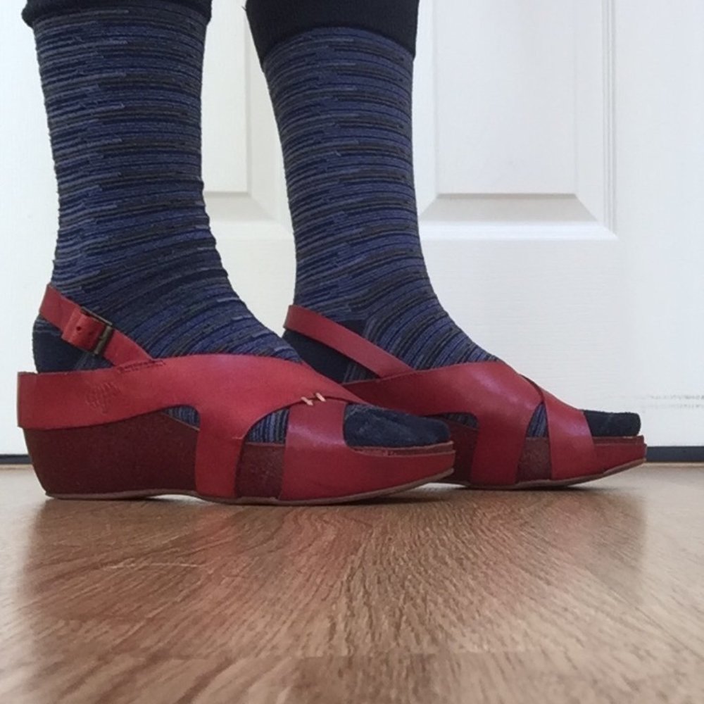 Red sling-back platform sandals